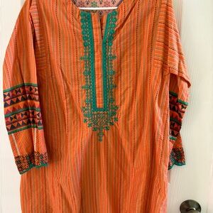 Vibrant Orange and Teal Embroidered Tunic